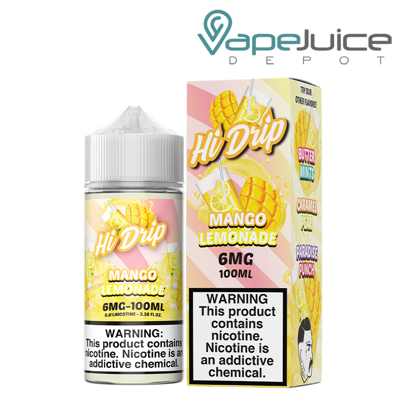 A 100ml bottle of Mango Lemonade Hi Drip eLiquid and a box 6mg with a warning sign next to it - Vape Juice Depot