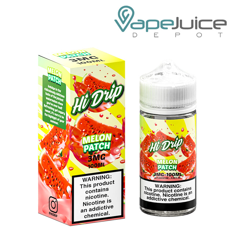 A box of 3mg Melon Patch Hi-Drip eLiquid with a warning sign and a 100ml bottle next to it - Vape Juice Depot
