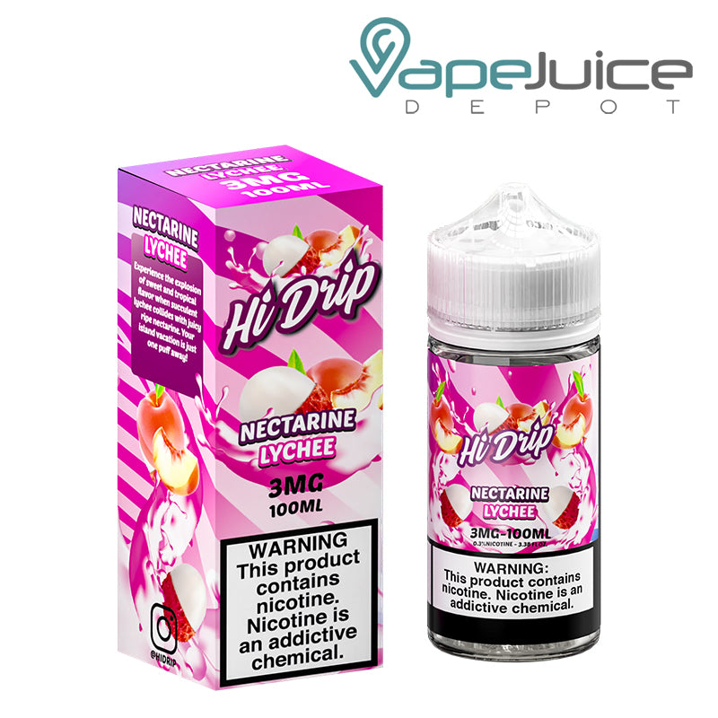 A box of 3mg Nectarine Lychee Hi-Drip eLiquid and a 100ml bottle with a warning sign next to it - Vape Juice Depot