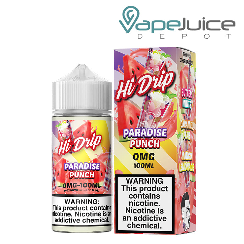 A 100ml bottle of 0mg Paradise Punch Hi-Drip eLiquid and a box with a warning sign next to it - Vape Juice Depot