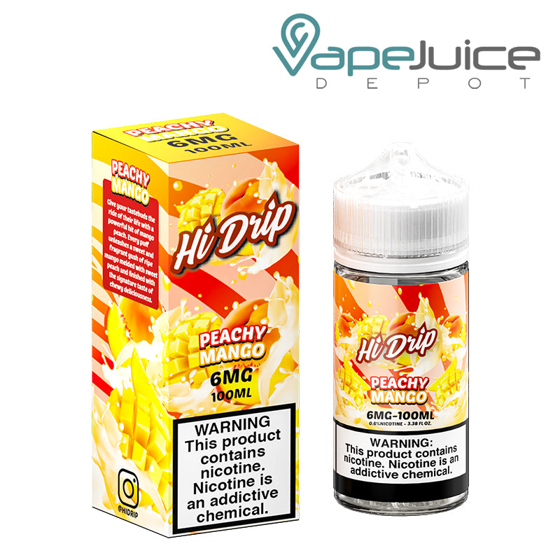 A box of 6mg Peachy Mango Hi-Drip eLiquid and a 100ml bottle with a warning sign next to it - Vape Juice Depot