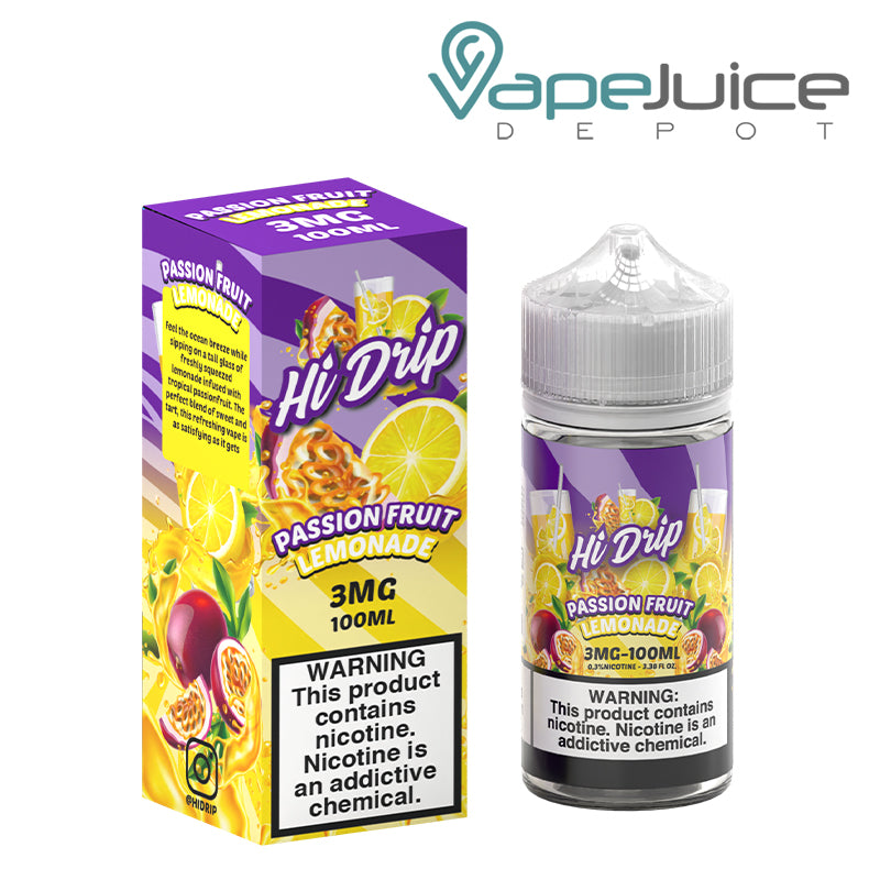 A Box of 3mg Passion Fruit Lemonade Hi Drip eLiquid with a warning sign and a 100ml bottle next to it - Vape Juice Depot