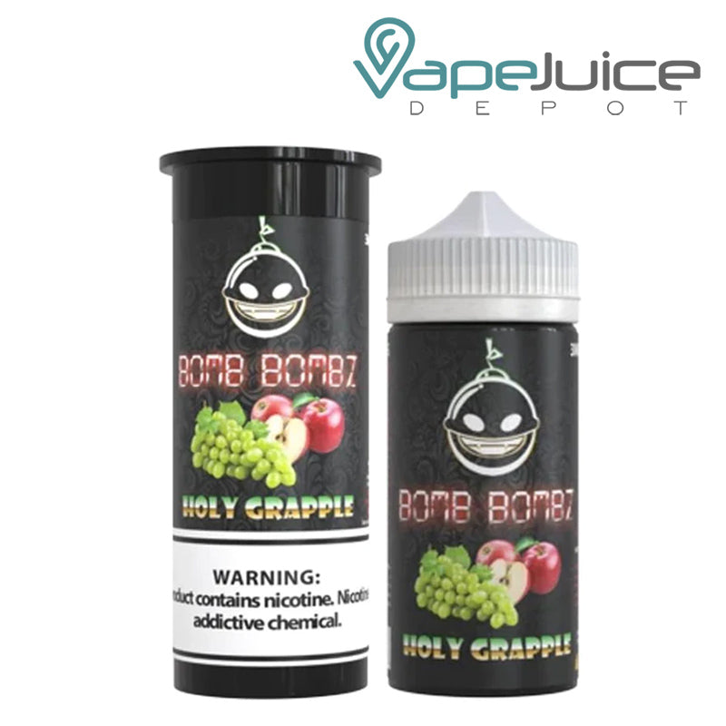 A box of Holy Grapple Bomb Bombz eLiquid with a warning sign and a 100ml bottle next to it - Vape Juice Depot