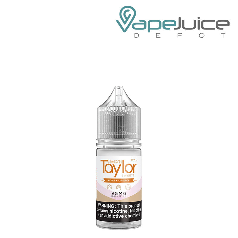 A 30ml bottle of Honey Crunch Taylor Salts with a warning sign - Vape Juice Depot