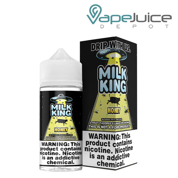 A 100ml bottle of Honey Milk King eLiquid and a box with a warning sign next to it - Vape Juice Depot