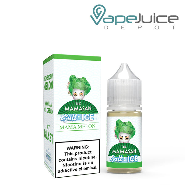 A box of Honeydew Melon Ice Salt The Mamasan eLiquid with a warning sign and a 30ml bottle next to it - Vape Juice Depot