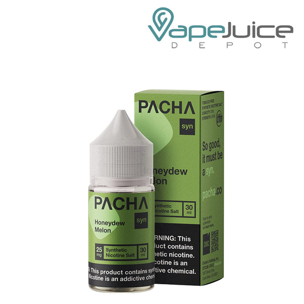 A 30ml bottle of Honeydew Melon PachaMama Salts and a box with a warning sign next to it - Vape Juice Depot