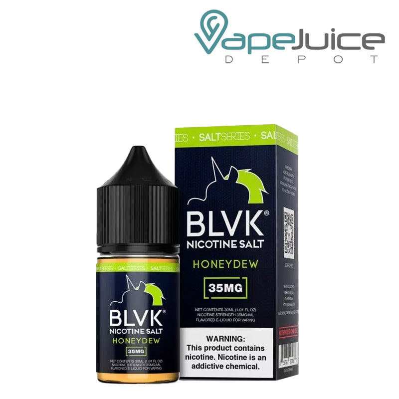 A 30ml bottle of Honeydew Salt BLVK Unicorn eLiquid and a box with a warning sign next to it - Vape Juice Depot