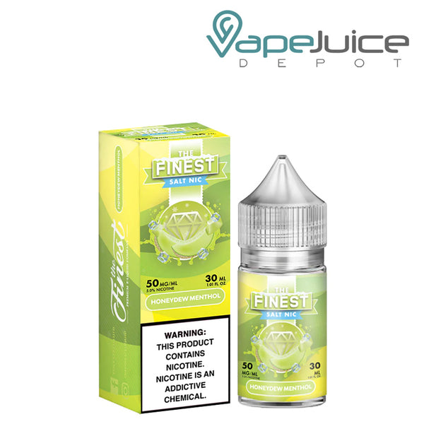  A 30 ml bottle of Honeydew Menthol Finest SaltNic and a box with a warning sign next to it - Vape Juice Depot