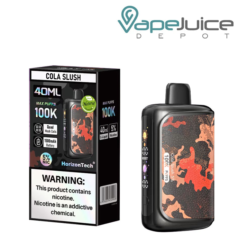A Box of Cola Slush Horizontech 100K Puff Disposable with a warning sign and a disposable with display screen next to it - Vape Juice Depot