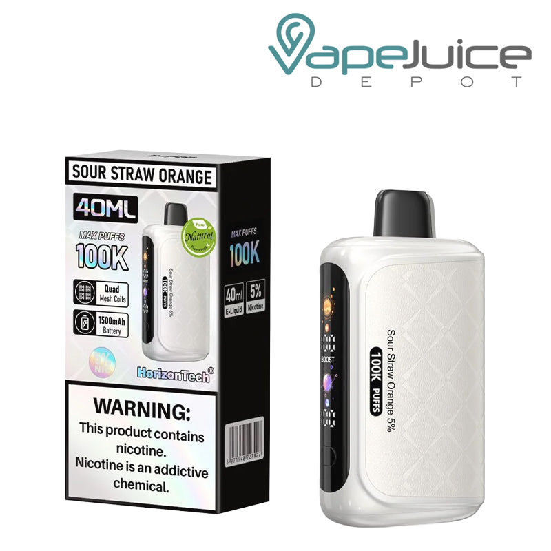 A Box of Sour Straw Orange Horizontech 100K Puff Disposable with a warning sign and a disposable with display screen next to it - Vape Juice Depot