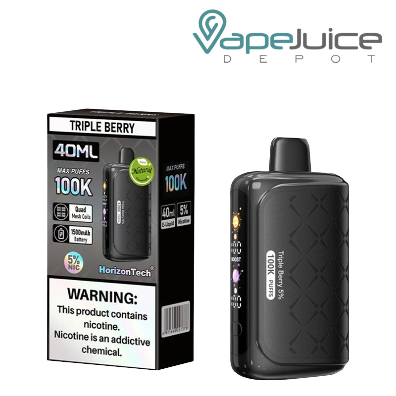 A Box of Triple Berry Horizontech 100K Puff Disposable with a warning sign and a disposable with display screen next to it - Vape Juice Depot