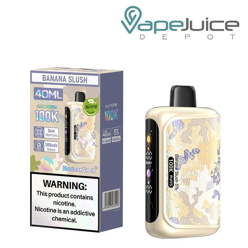 A Box of Banana Slush Horizontech 100K Puff Disposable with a warning sign and a disposable with display screen next to it - Vape Juice Depot