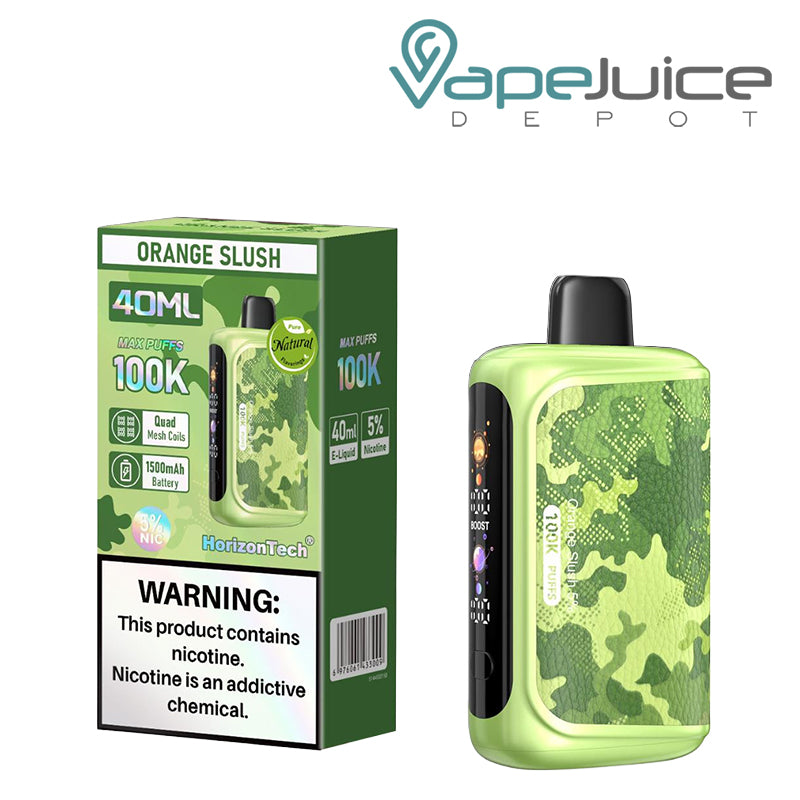 A Box of Orange Slush Horizontech 100K Puff Disposable with a warning sign and a disposable with display screen next to it - Vape Juice Depot