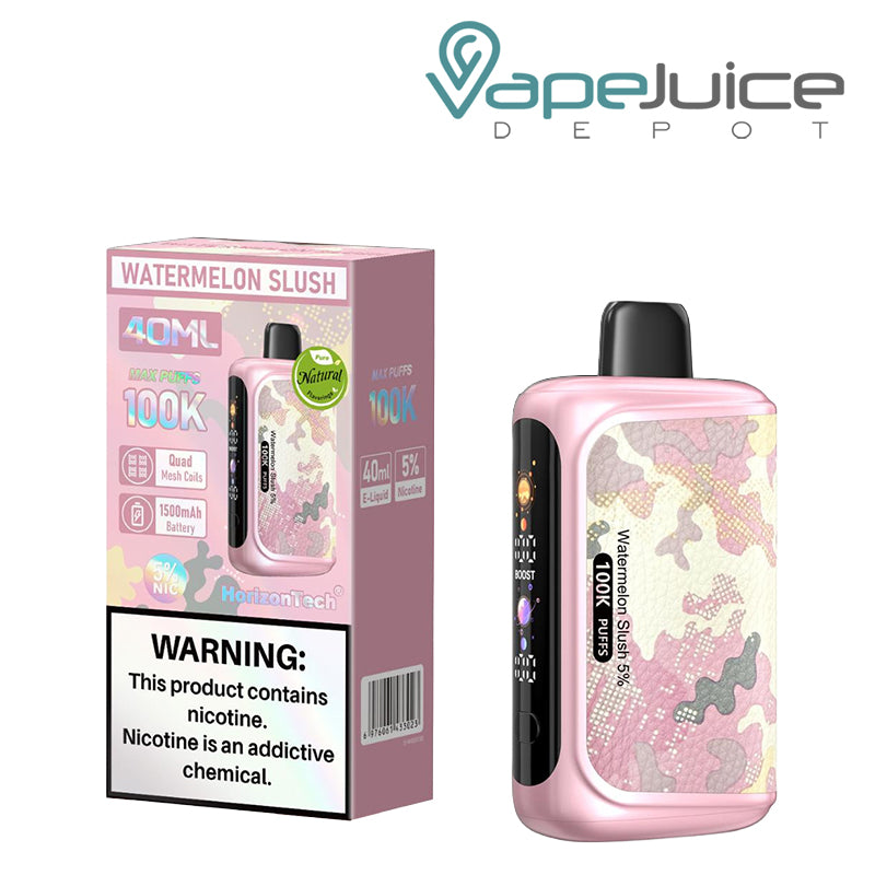 A Box of Watermelon Slush Horizontech 100K Puff Disposable with a warning sign and a disposable with display screen next to it - Vape Juice Depot