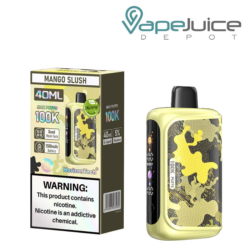 A Box of Mango Slush Horizontech 100K Puff Disposable with a warning sign and a disposable with display screen next to it - Vape Juice Depot