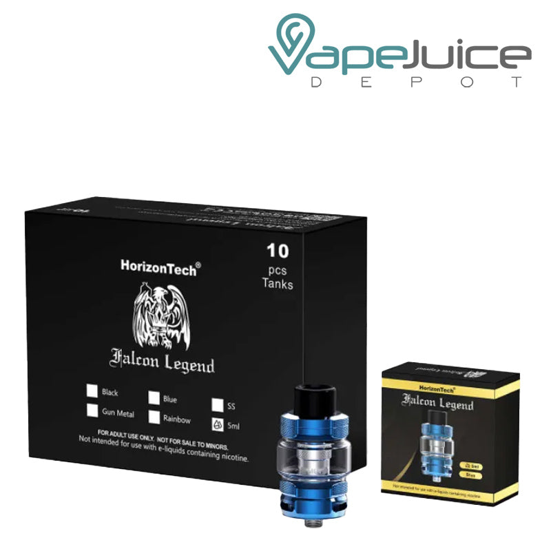 Two boxes of HorizonTech Falcon Legend Sub Ohm Tank and a blue tank next to it  - Vape Juice Depot