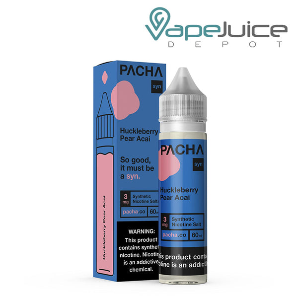 A box of Huckleberry Pear Acai PachaMama with a warning sign and a 60ml bottle next to it - Vape Juice Depot