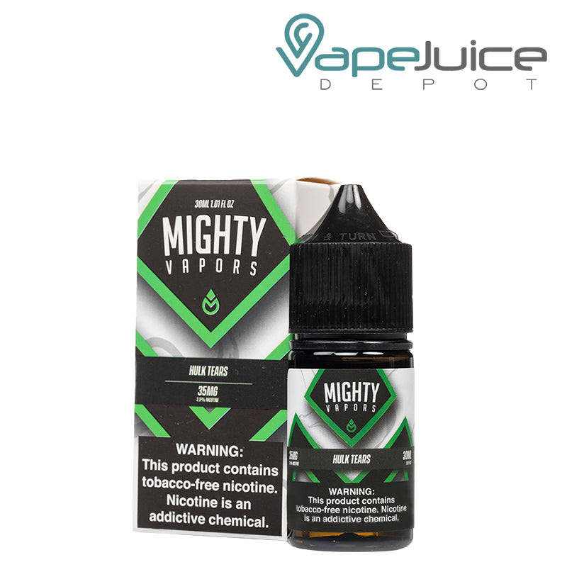 A Box of Hulk Tears Salts Mighty Vapors with a warning sign and a 30ml bottle next to it - Vape Juice Depot