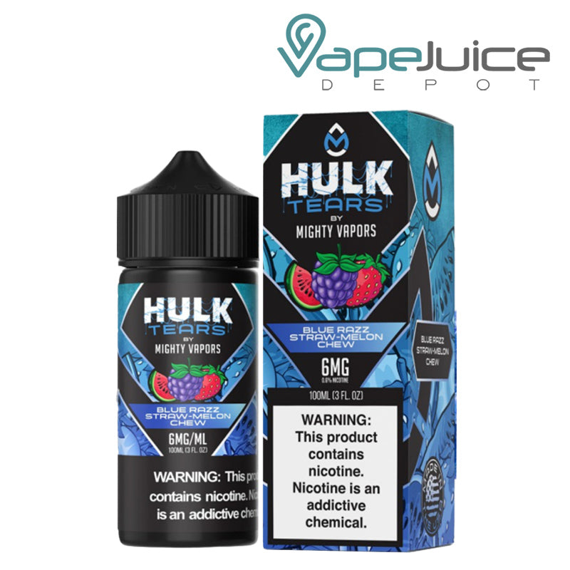 A 100ml bottle of Blue Razz Straw Melon Chew Hulk Tears and a box with a warning sign next to it - Vape Juice Depot