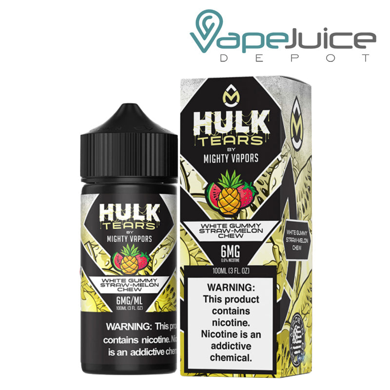 A 100ml bottle of White Gummy Straw Melon Chew Hulk Tears and a box with a warning sign next to it - Vape Juice Depot