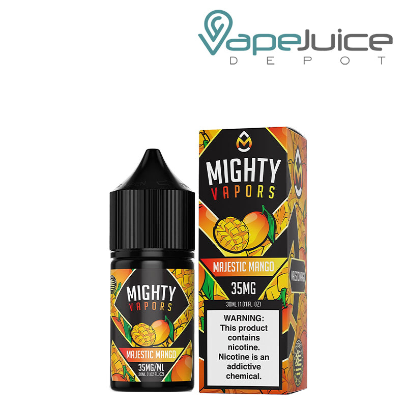 A 30ml Bottle of Majestic Mango Salts Mighty Vapors next to its box with a warning sign -Vape Juice Depot