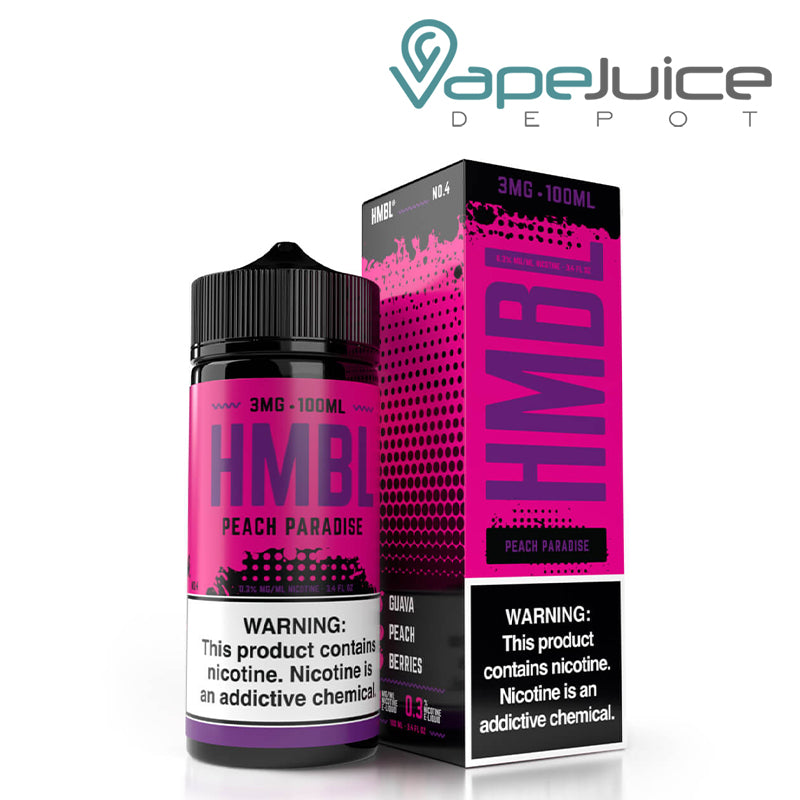 A 100ml bottle of Peach Paradise Humble TFN Series with a warning sign and a box next to it - Vape Juice Depot