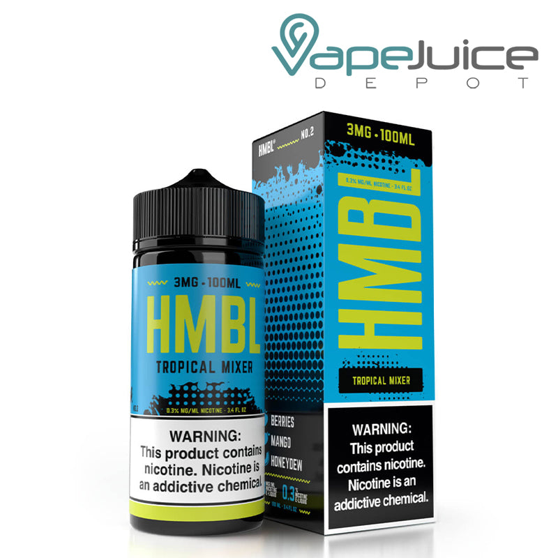 A 100ml bottle of Tropical Mixer Humble TFN Series with a warning sign and a box next to it - Vape Juice Depot