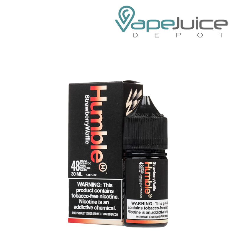 A Box of Strawberry Waffle Humble Salts with a warning sign and a 30ml bottle next to it - Vape Juice Depot