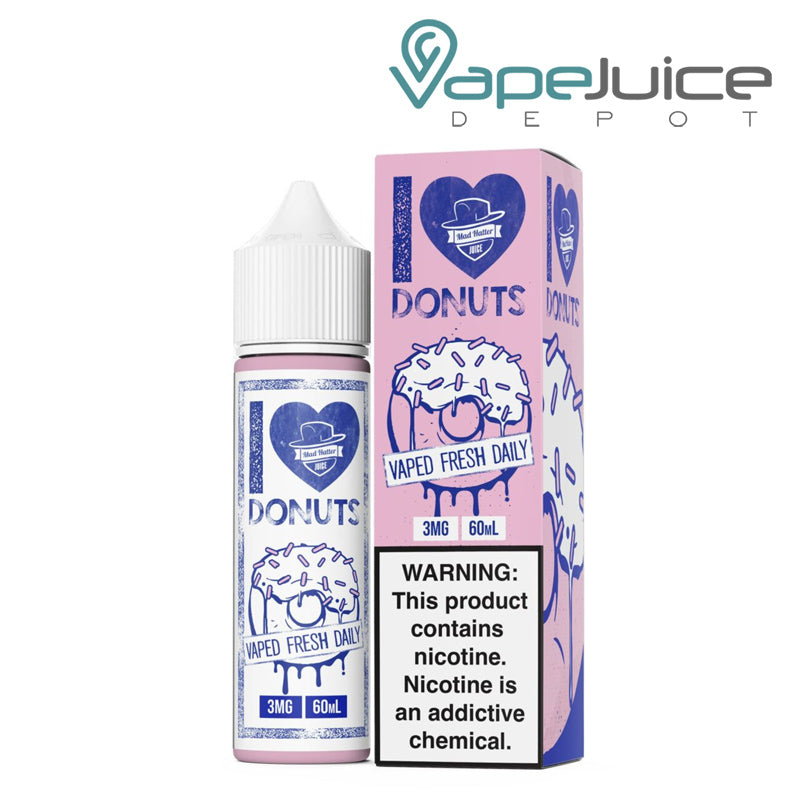 A 60ml bottle of I Love Donuts Mad Hatter and a box with a warning sign next to it - Vape Juice Depot