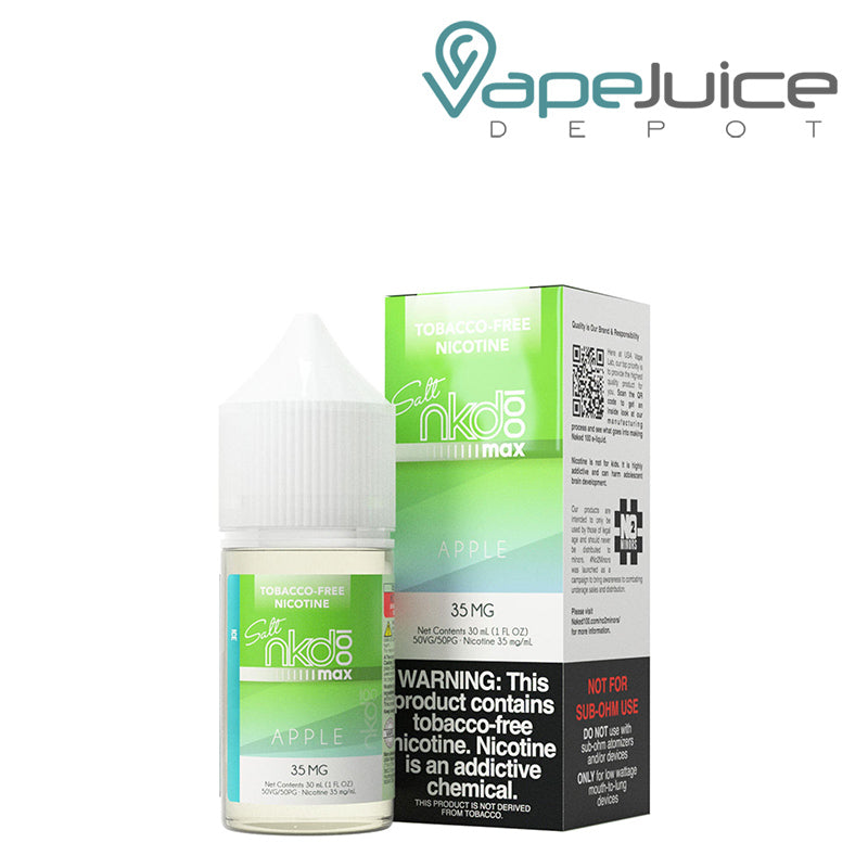 A 30ml bottle of ICE Apple Naked MAX TFN Salt and a box with a warning sign next to it - Vape Juice Depot