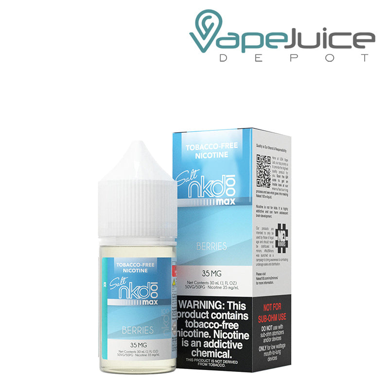 A 30ml bottle of ICE Berries Naked MAX TFN Salt and a box with a warning sign - Vape Juice Depot