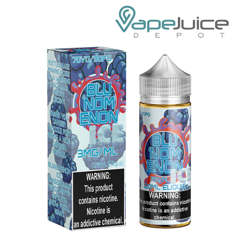 A Box of ICE Blunomenon Nomenon eLiquid with a warning sign next to its 120ml bottle - Vape Juice Depot