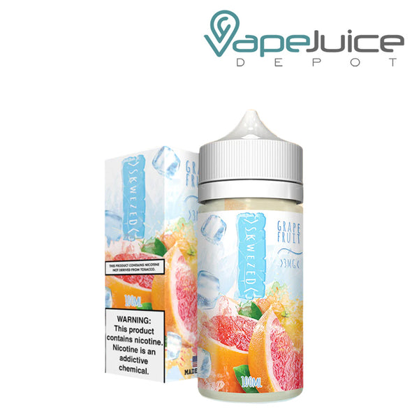 A box of ICE Grapefruit Skwezed eLiquid with a warning sign and a 100ml bottle next to it - Vape Juice Depot
