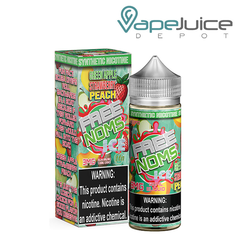 A box of ICE Green Apple Strawberry Peach FreeNoms TFN with a warning sign next to its 120ml bottle - Vape Juice Depot