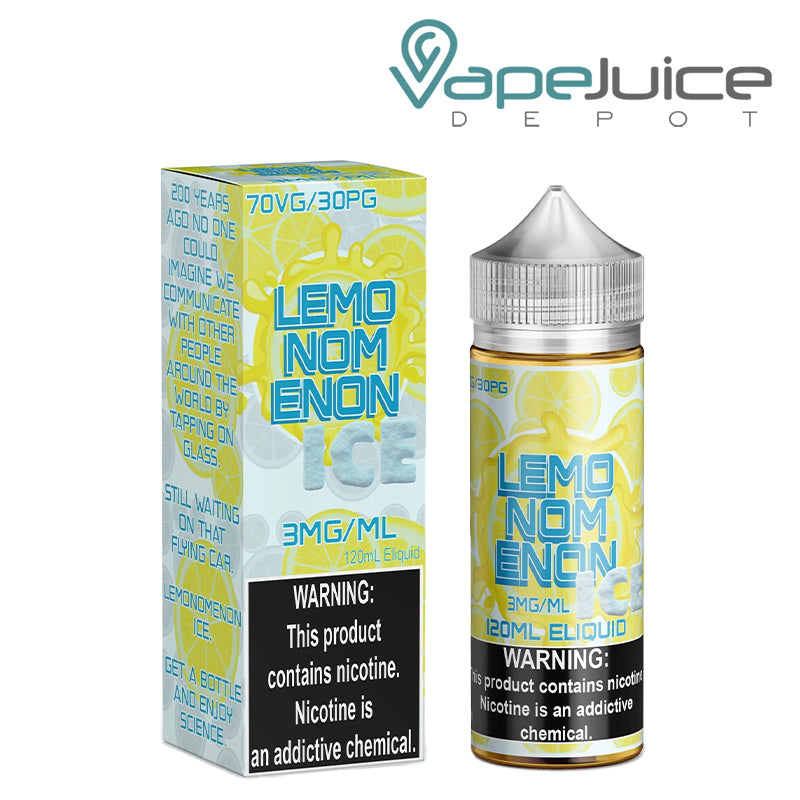 A Box of ICE Lemonomenon Nomenon eLiquid with a warning sign next to its 120ml bottle - Vape Juice Depot