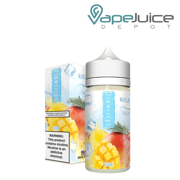 A box of ICE Mango Skwezed eLiquid with a warning sign and a 100ml bottle next to it - Vape Juice Depot