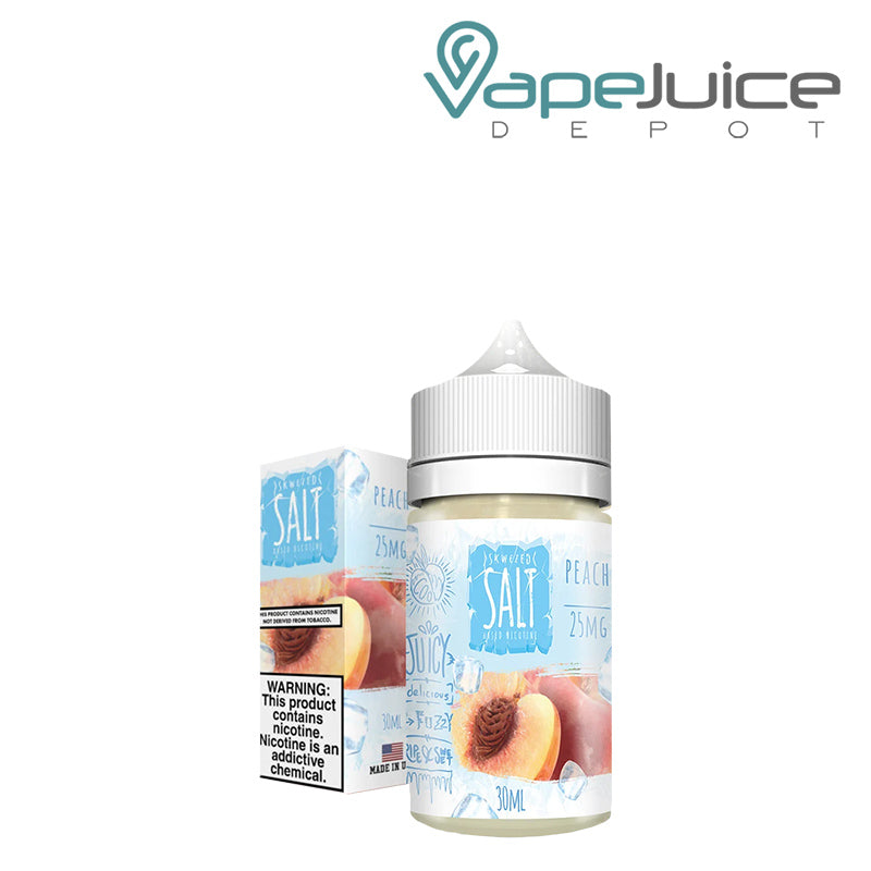 A box of ICE Peach Skwezed Salt with a warning sign and a 30ml bottle next to it - Vape Juice Depot