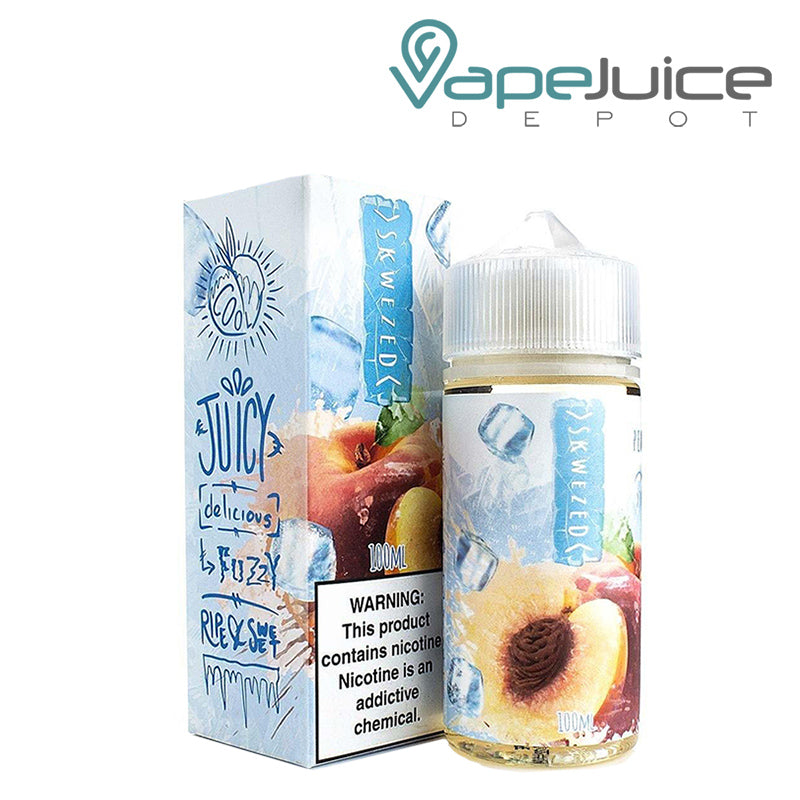 A box of ICE Peach Skwezed eLiquid with a warning sign and a 100ml bottle next to it - Vape Juice Depot
