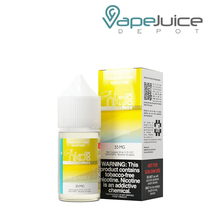 A 30ml bottle of ICE Pineapple Naked MAX TFN Salt and a box with a warning sign - Vape Juice Depot