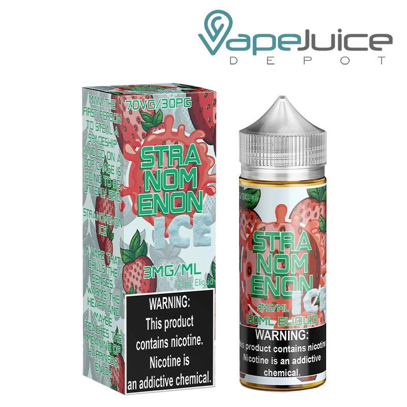 A Box of ICE Stranomenon Nomenon eLiquid with a warning sign next to it 120ml bottle - Vape Juice Depot