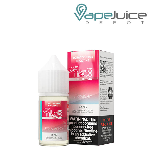 A 30ml bottle of ICE Strawberry Naked MAX TFN Salt and a box with a warning sign - Vape Juice Depot