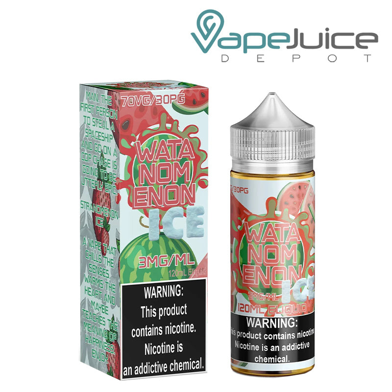 A Box of ICE Watanomenon Nomenon eLiquid with a warning sign next to its 120ml bottle - Vape Juice Depot