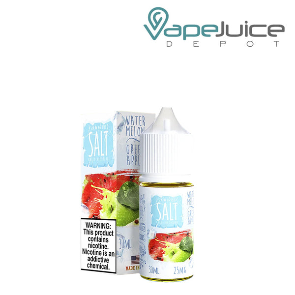 A box of Watermelon Green Apple Skwezed Salt with a warning sign and a 30ml bottle next to it - Vape Juice Depot