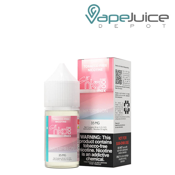 A 30ml bottle of ICE Watermelon Naked MAX TFN Salt and a box with a warning sign - Vape Juice Depot