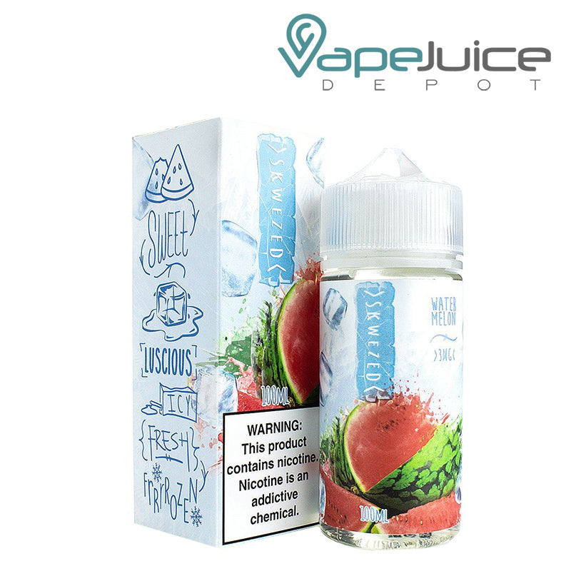 A box of ICE Watermelon Skwezed eLiquid with a warning sign and a 100ml bottle next to it - Vape Juice Depot