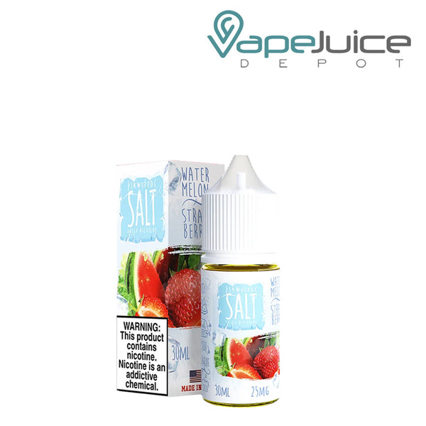 A box of Ice Watermelon Strawberry Skwezed Salt with a warning sign and a 30ml bottle next to it - Vape Juice Depot