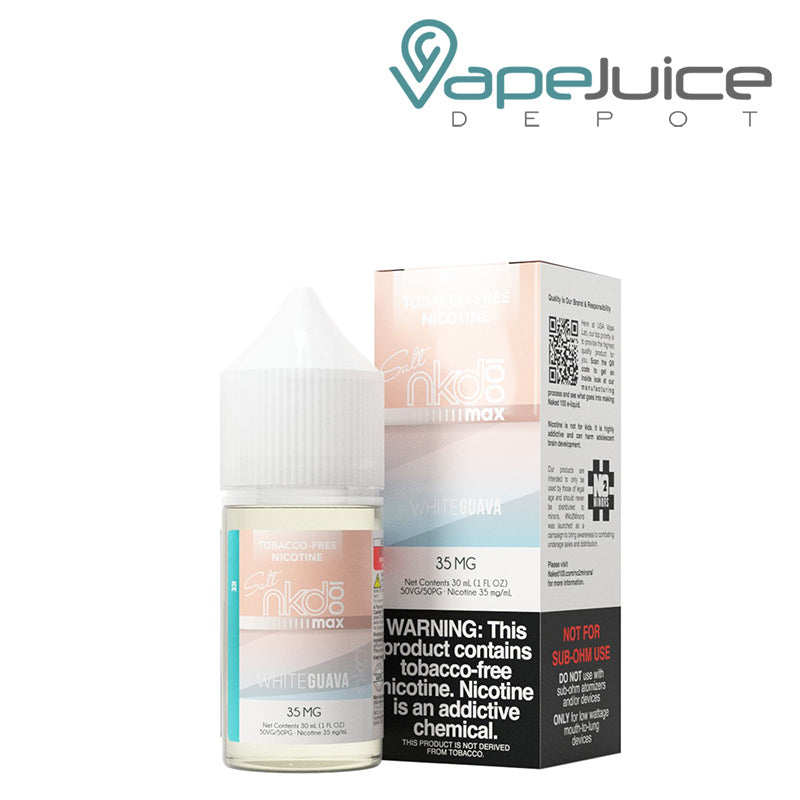 A 30ml bottle of ICE White Guava Naked MAX TFN Salt and a box with a warning sign next to it - Vape Juice Depot