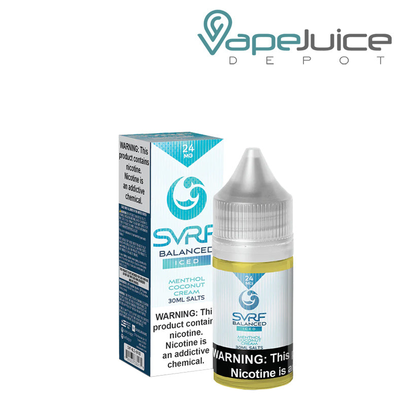 A box of ICED Balanced SVRF Salt eLiquid with a warning sign and a 30ml bottle next to it - Vape Juice Depot