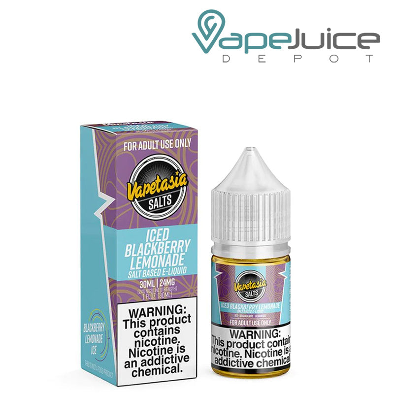 A box of ICED Blackberry Lemonade Vapetasia Salts with a warning sign and a 30ml bottle next to it - Vape Juice Depot